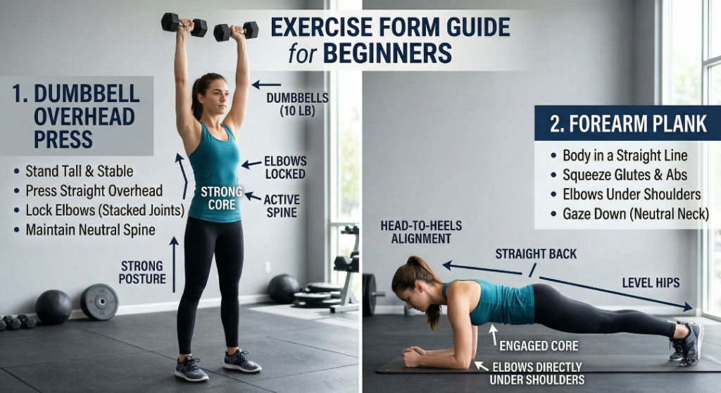 Beginner doing overhead press and plank as part of a full body workout