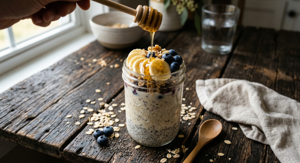 A mason jar of overnight oats mixed with chia seeds and bananas for chia seeds benefits.