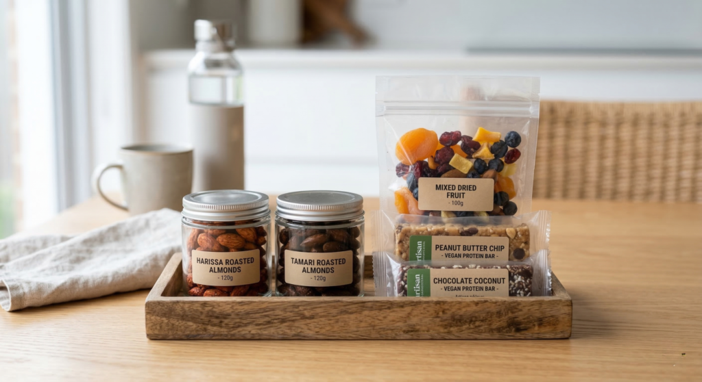 Pack-and-go vegan snacks including almonds, dried fruit, and protein bars