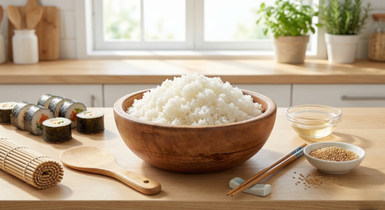 Perfect sushi rice in a wooden bowl with sushi rolls, chopsticks, and rice paddle on a clean kitchen surface