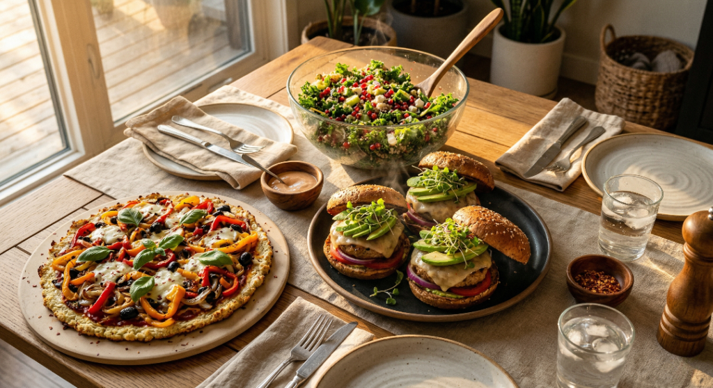 Table spread of healthy American comfort food favorites. 10 Most Popular Foods in the USA.