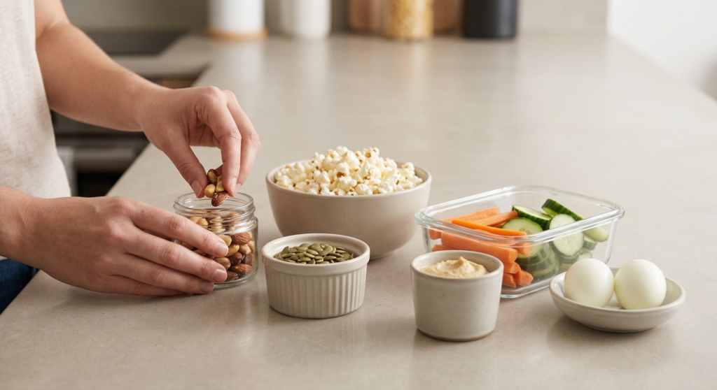 Portion-controlled late-night snack prep with nuts, popcorn, vegetables, hummus, and eggs.