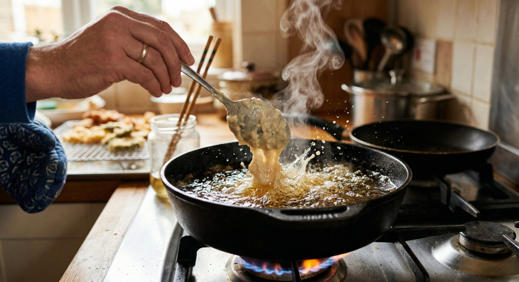 Pouring pancake-like batter from a jug into a smoking hot muffin tin containing cooked cocktail sausages.