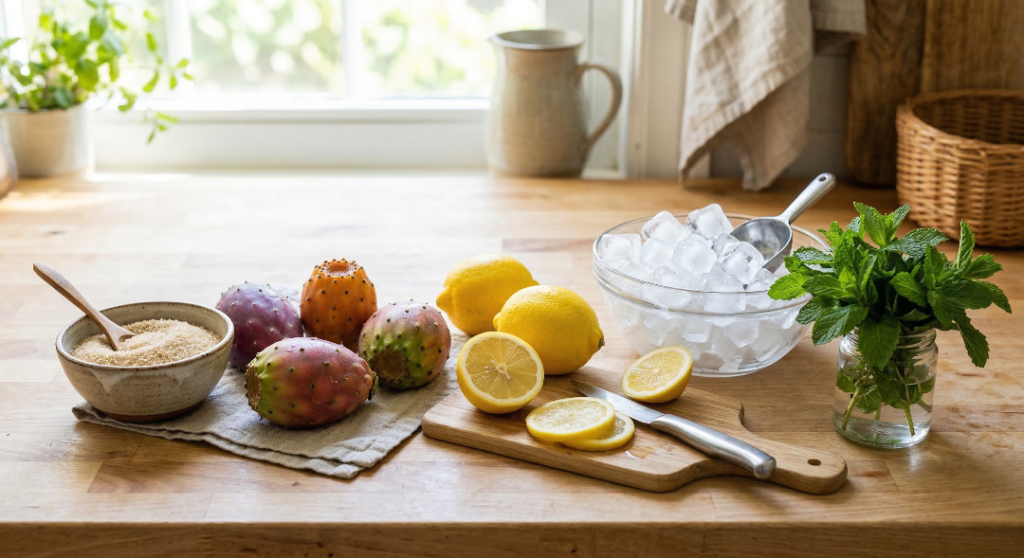 Ingredients for prickly pear lemonade including prickly pears lemons and mint