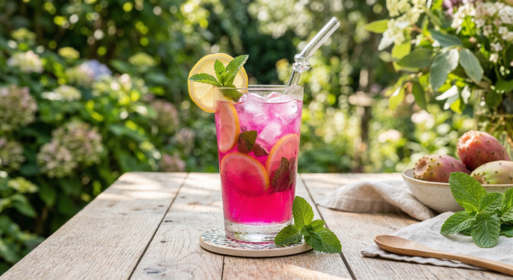 Prickly pear lemonade served over ice with lemon slices and mint