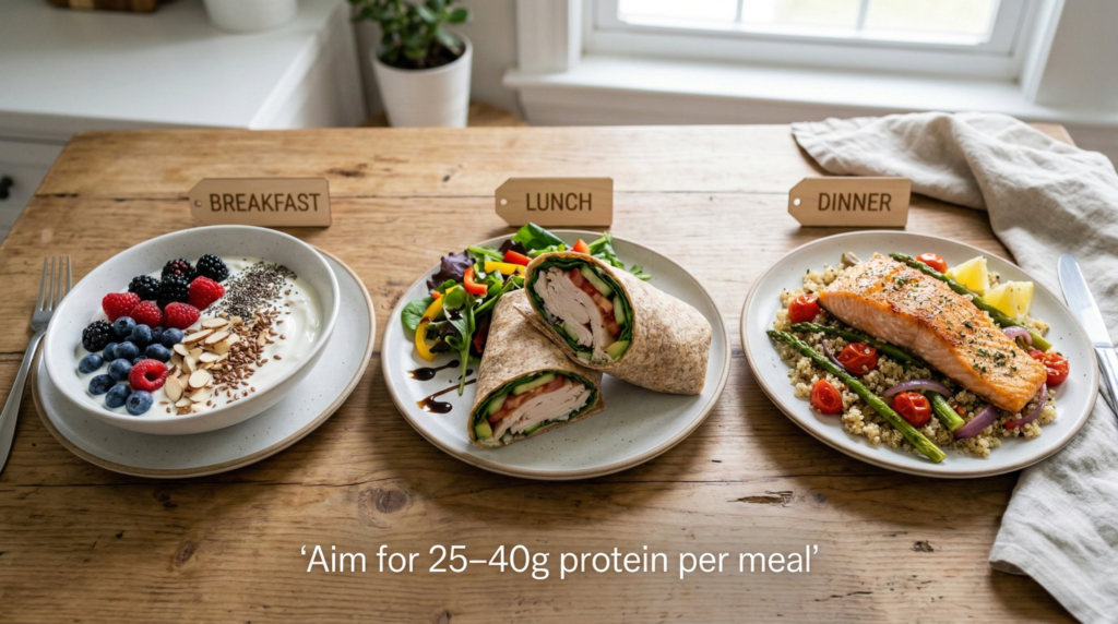 Example best high-protein meals showing how to hit 25–40 grams of protein per meal for fullness and muscle support.