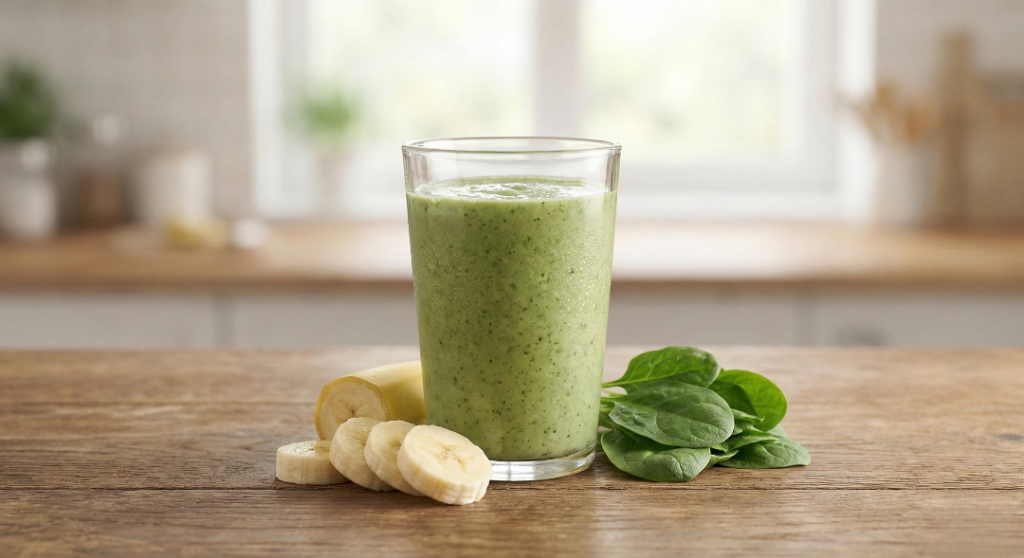 Kefir smoothie with banana and spinach as a protein rich food for gut health