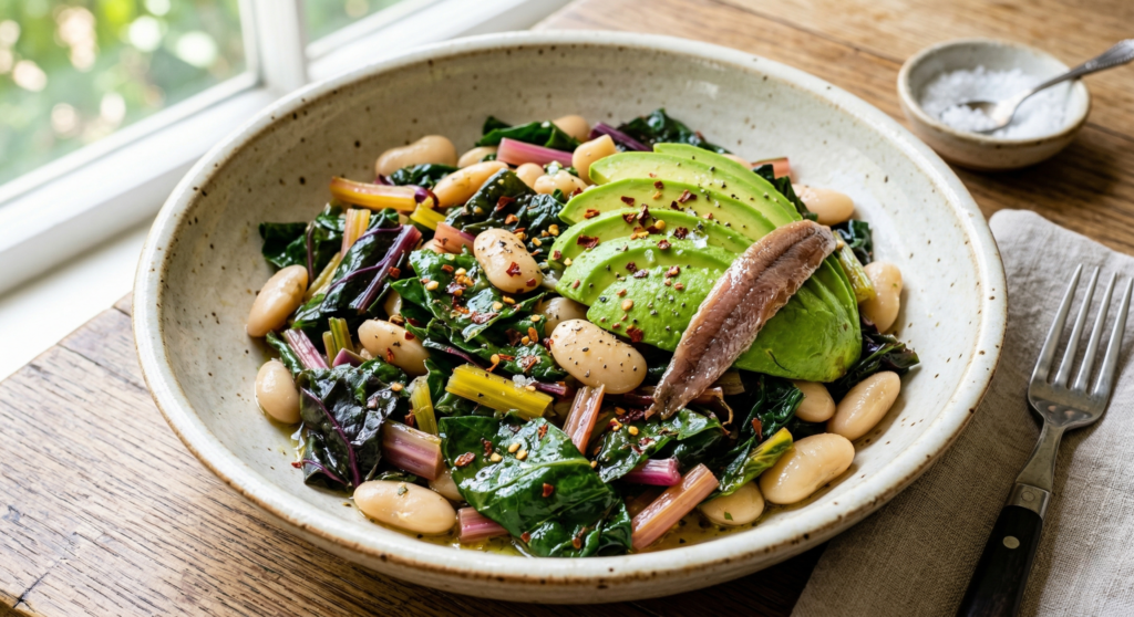 Rainbow chard and butter bean salad dressed with anchovy vinaigrette.