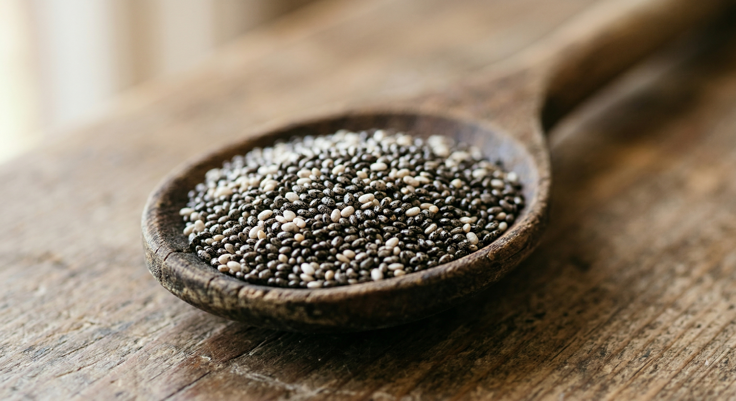 A close-up view of raw black and white chia seeds on a wooden spoon.