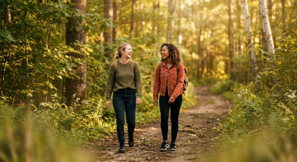 Two friends walking in nature to reduce stress levels naturally.