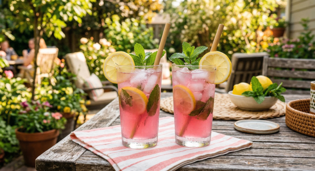 Refreshing prickly pear lemonade drink served cold with ice and lemon