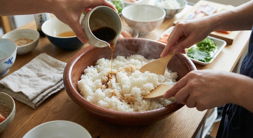 Freshly cooked sushi rice being gently mixed with seasoning in a wide bowl