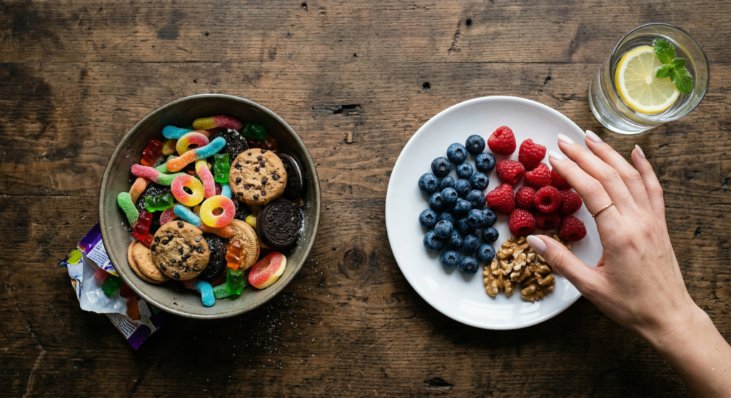 A comparison of unhealthy stress eating snacks vs. healthy food choices for mood support.