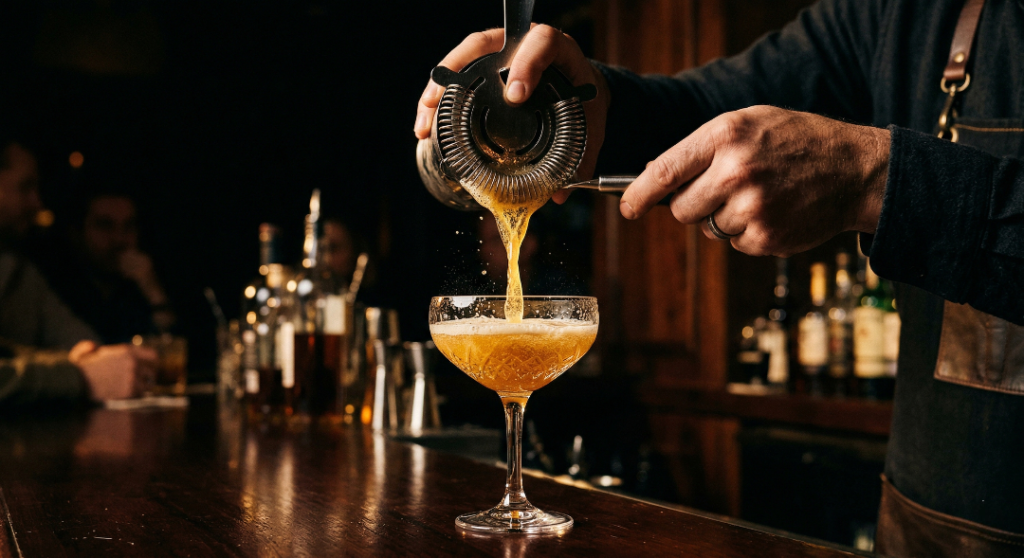 Straining a freshly shaken, frothy Amaretto Sour cocktail into a coupe glass.