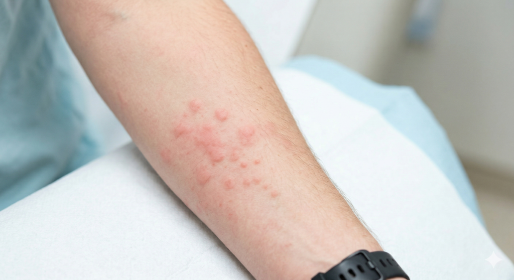 Close-up view of a stress rash and hives on a person's arm.