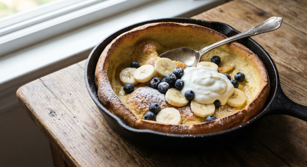 Sweet Dutch baby pancake with banana blueberries and yogurt