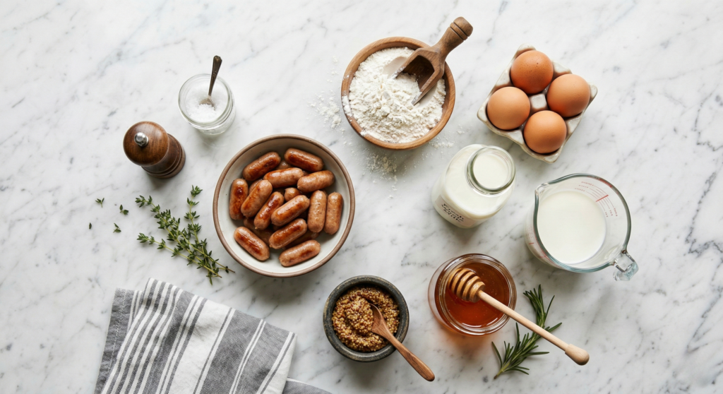 Flat lay of ingredients including cocktail sausages, flour, eggs, milk, raw honey, and whole grain mustard on a marble counter.