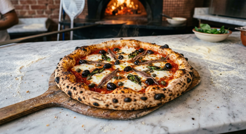 Traditional wood-fired Neapolitan pizza topped with anchovy fillets, capers, and olives.