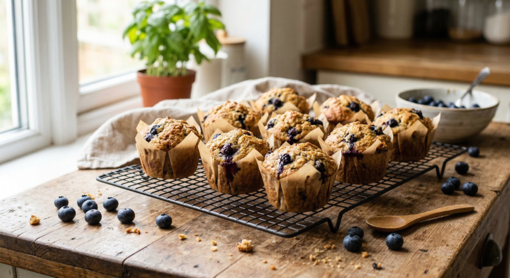 Soft vegan blueberry muffins served as a homemade plant-based snack