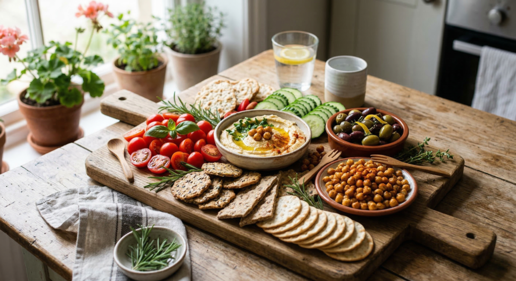 A hearty vegan snack platter with olives, roasted chickpeas, vegetables, and hummus