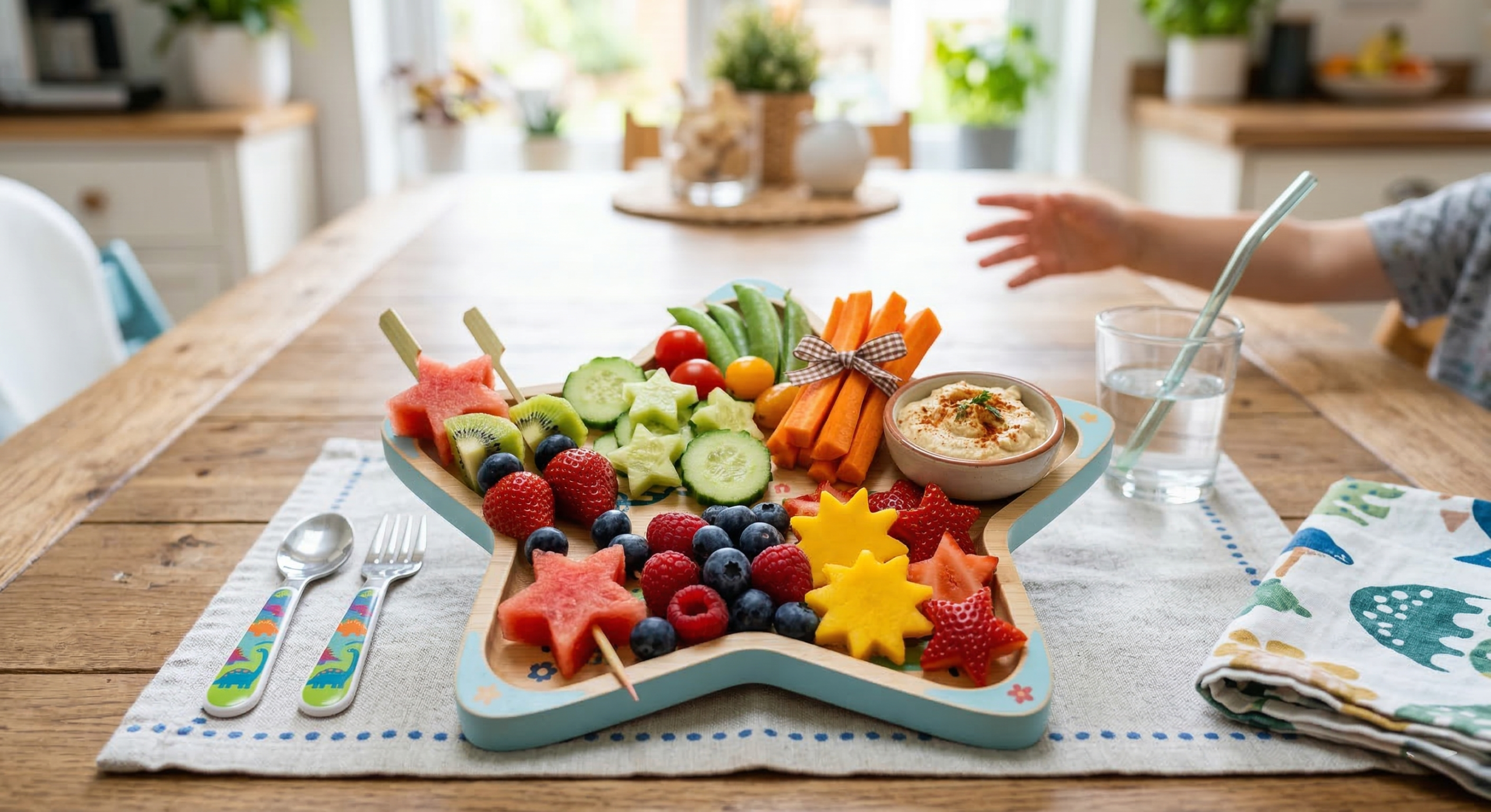 Fun vegan snacks for kids made with fruit and vegetables in playful shapes