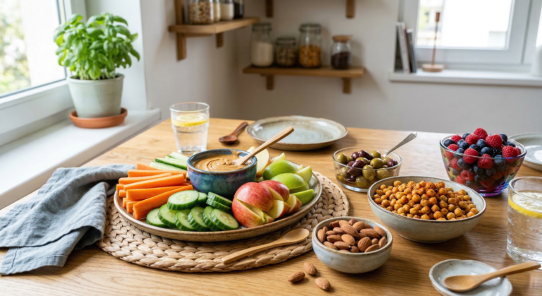 A colorful table of healthy vegan snacks including fresh fruit, vegetables, nuts, and dips