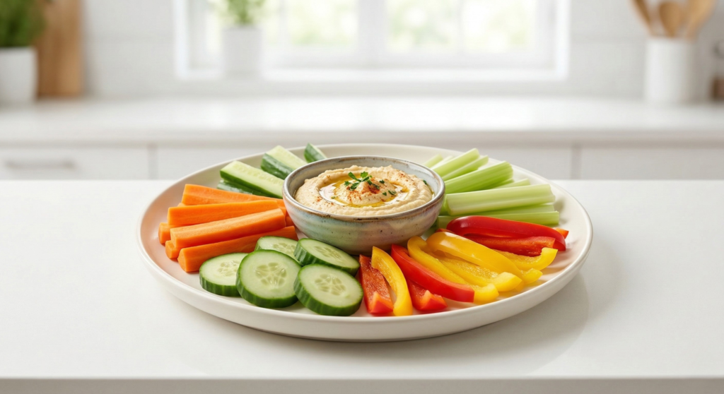 Fresh vegetables with hummus as a light late-night snack option.