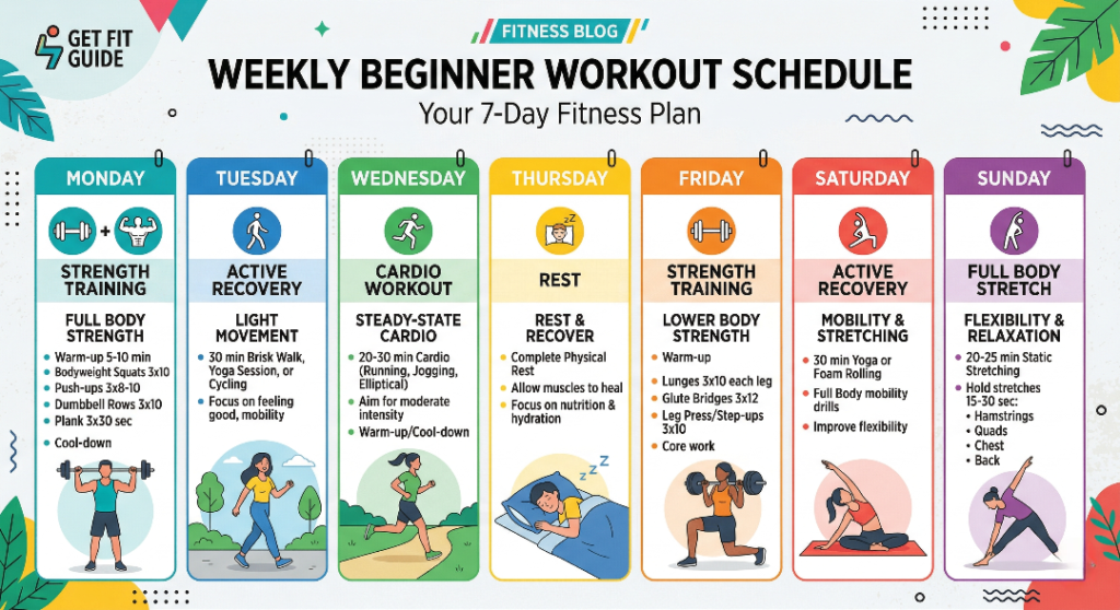 Weekly workout schedule for beginners with strength training cardio and rest days