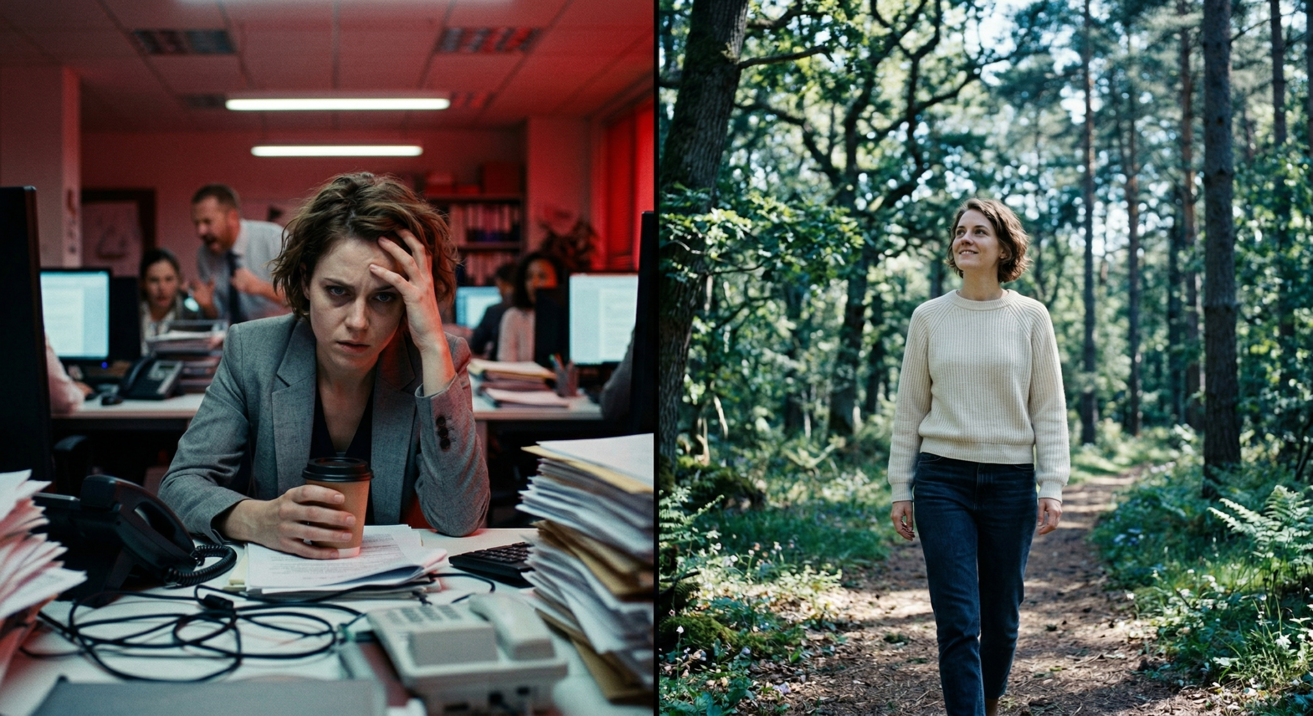 A split-screen showing the difference between a stressed person in an office and a calm person in nature.