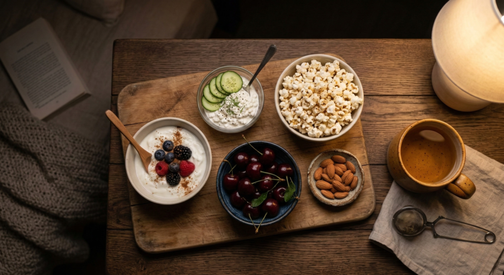 Healthy late-night snack board with yogurt, cherries, nuts, cottage cheese, popcorn, and herbal tea.