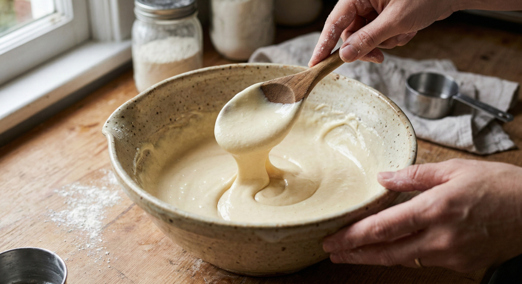 A wire whisk stirring a smooth, pale yellow Yorkshire pudding batter in a large ceramic mixing bowl.