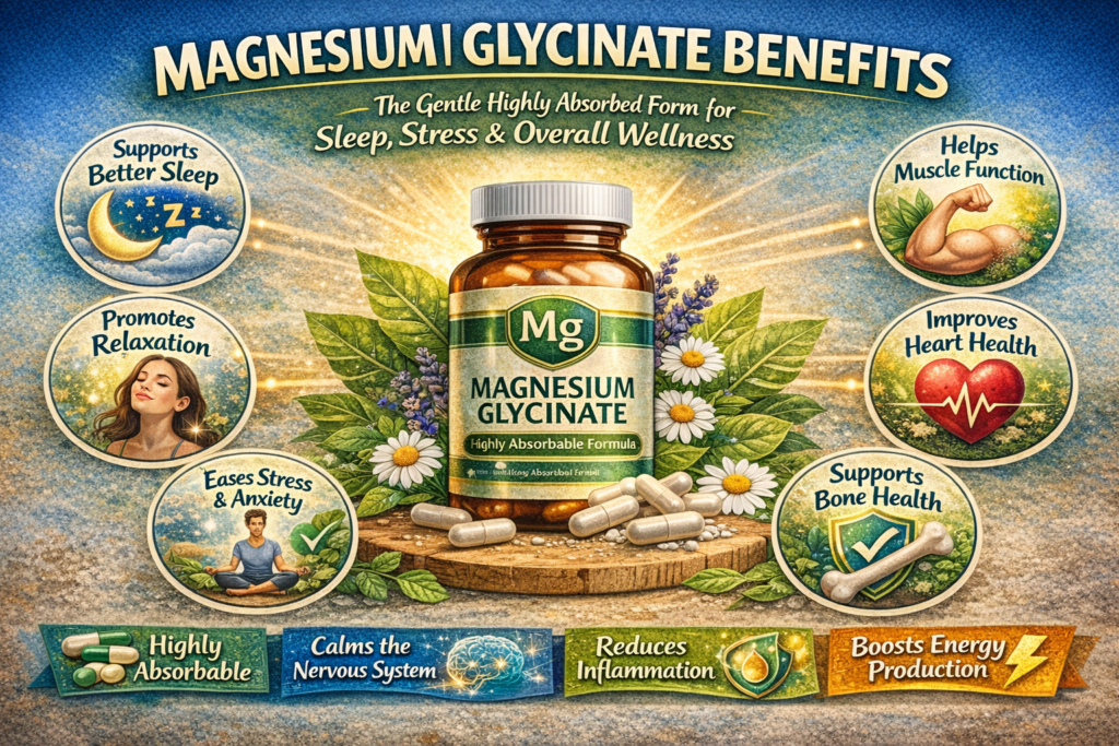 Magnesium Glycinate Benefits: The Gentle Highly Absorbed Form for Sleep, Stress & Overall Wellness.