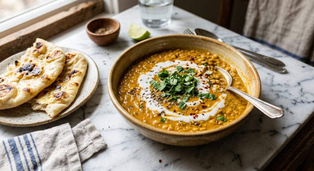 A warm bowl of creamy coconut lentil curry topped with fresh cilantro and a swirl of coconut milk.