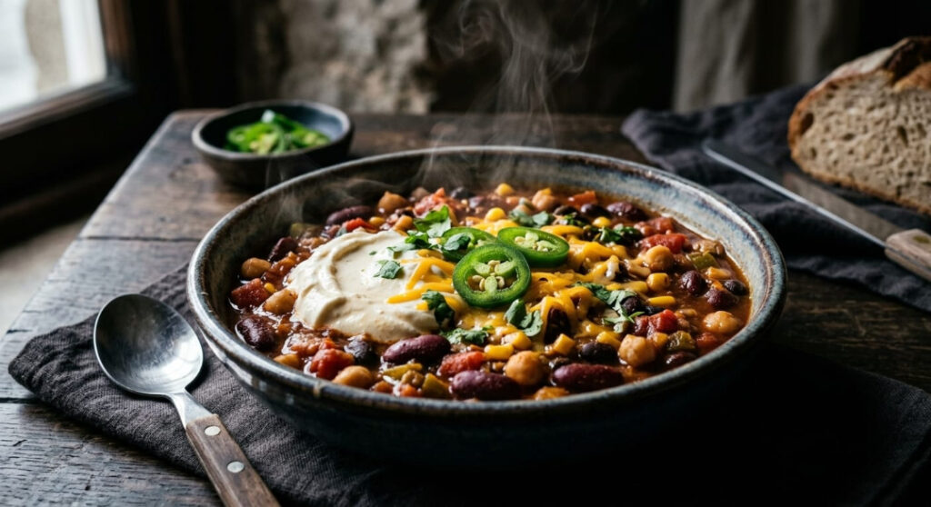 A thick bowl of vegetarian chili made with kidney beans and chickpeas, topped with Greek yogurt and cheese.