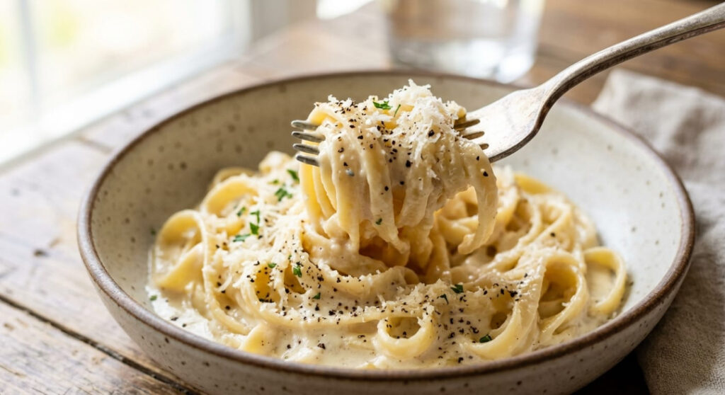 Fettuccine pasta covered in a creamy, protein-rich cottage cheese Alfredo sauce.