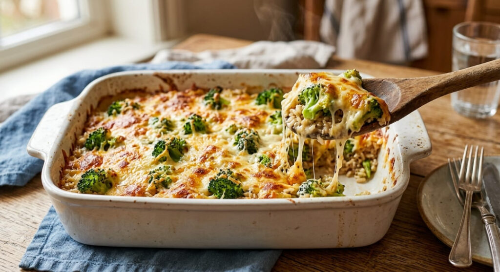 A freshly baked, cheesy broccoli and brown rice casserole being scooped with a wooden spoon.