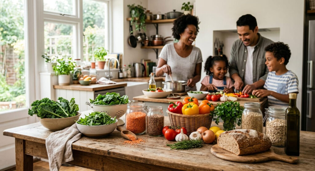 A rustic kitchen table filled with fresh, affordable ingredients like vegetables and whole grains, while a family joyfully prepares a healthy meal together in the background. good-food-remedies-accessible-healthy-eating.