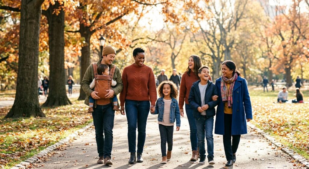 A happy family taking a brisk walk together in a sunlit park, representing simple daily movement and healthy living. The power of movement.