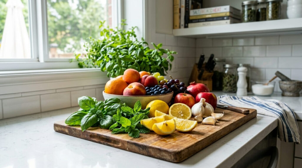 Fresh herbs, sliced lemons, and colorful fruits on a kitchen counter taking the place of refined sugar and salt shakers. Avoid Sugar and Salt.