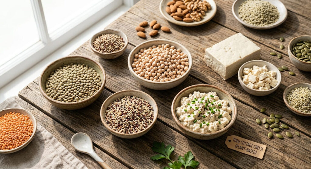 A variety of high-protein vegetarian foods including lentils, chickpeas, tofu, quinoa, and cottage cheese on a wooden table. high protein vegetarian meals
