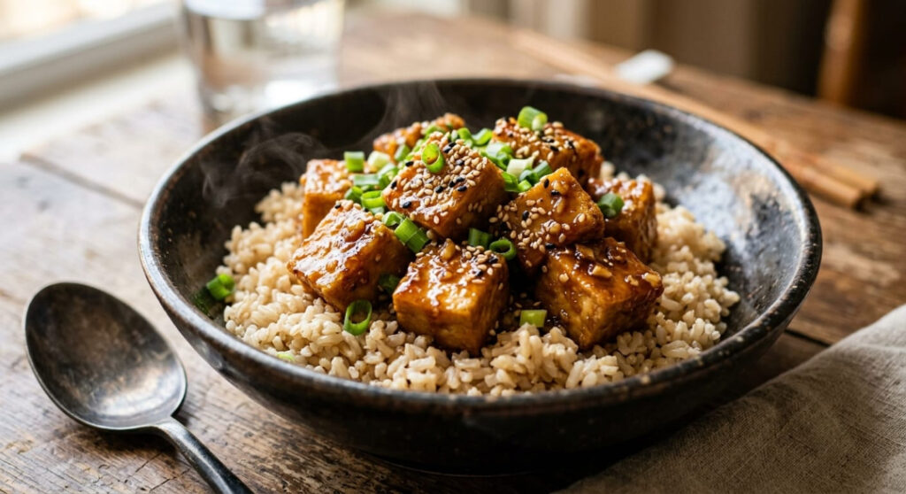 Crispy honey garlic tofu served over brown rice in a dark bowl with green onions.